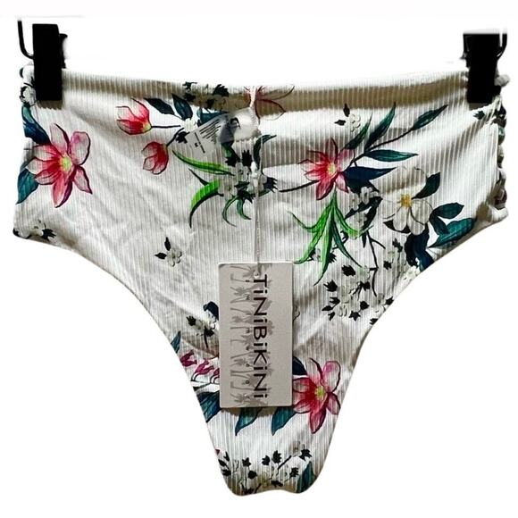 New Tini Bikini High Waisted Floral Print Bottom Side Cutouts Size Medium - Picture 2 of 4